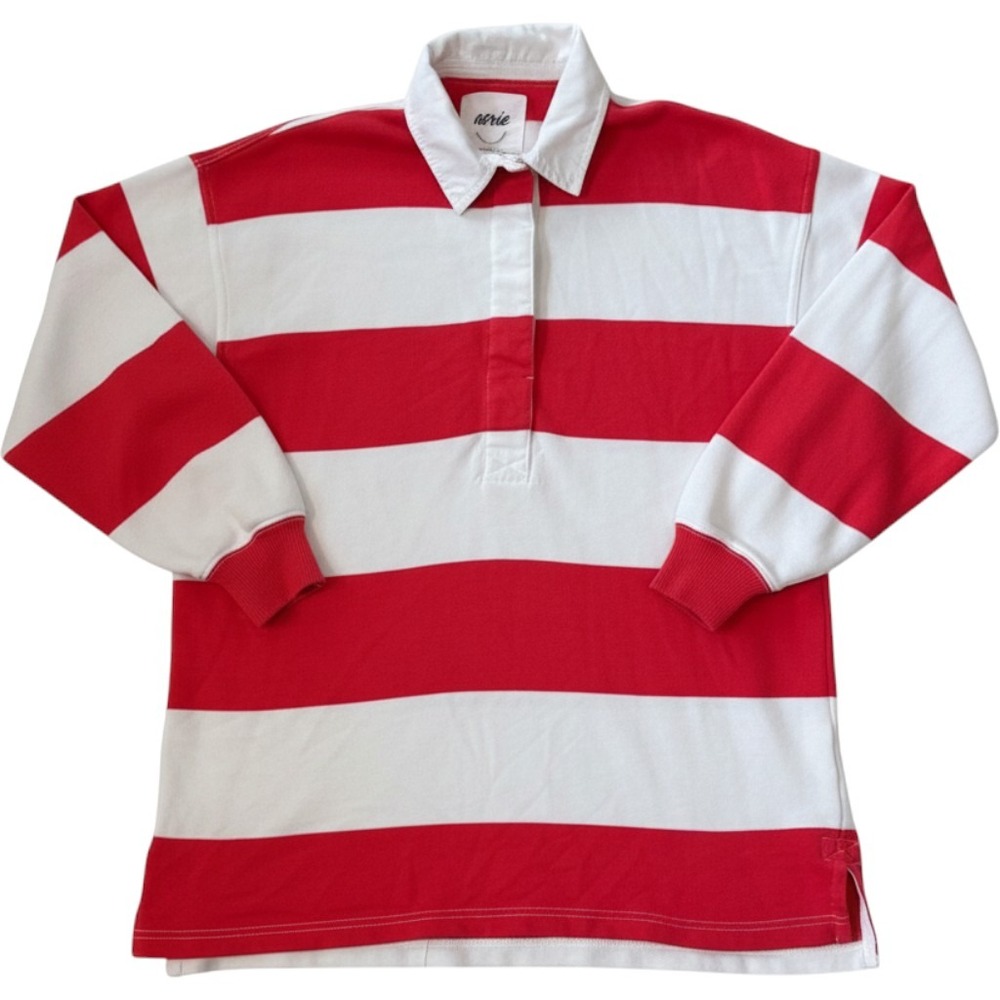 Aerie Prep Rally Rugby Sweatshirt Red White Striped Oversized Polo XS Preppy